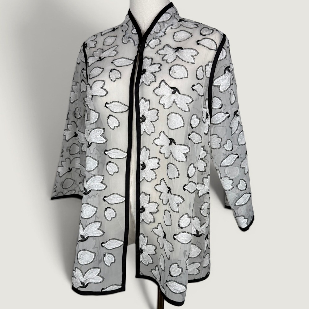 NWT Caroline Rose Floral Embroidered Sheer Open Front Jacket Avant Garde Size M